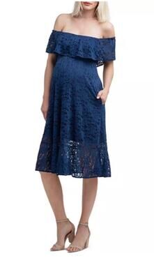 NWT NOM Maternity Lucia Off-the-Shoulder Lace Midi Dress Women’s Large Navy Blue